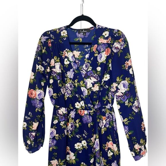 LULU’S NAVY BLUE FLORAL LONG SLEEVE WEDDING GUEST DRESS WOMENS SIZE SMALL - Picture 5 of 8